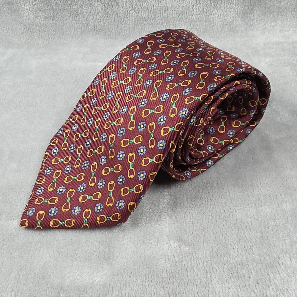 Brooks Brothers Maroon Blue Yellow Horse Bit‎ Flower Motif Silk Tie Equestrian